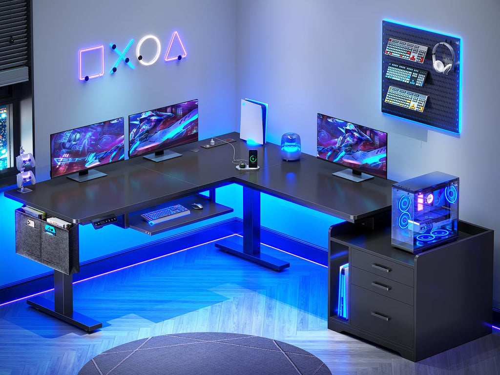 L Shaped Standing Desk with File Cabinet S9323