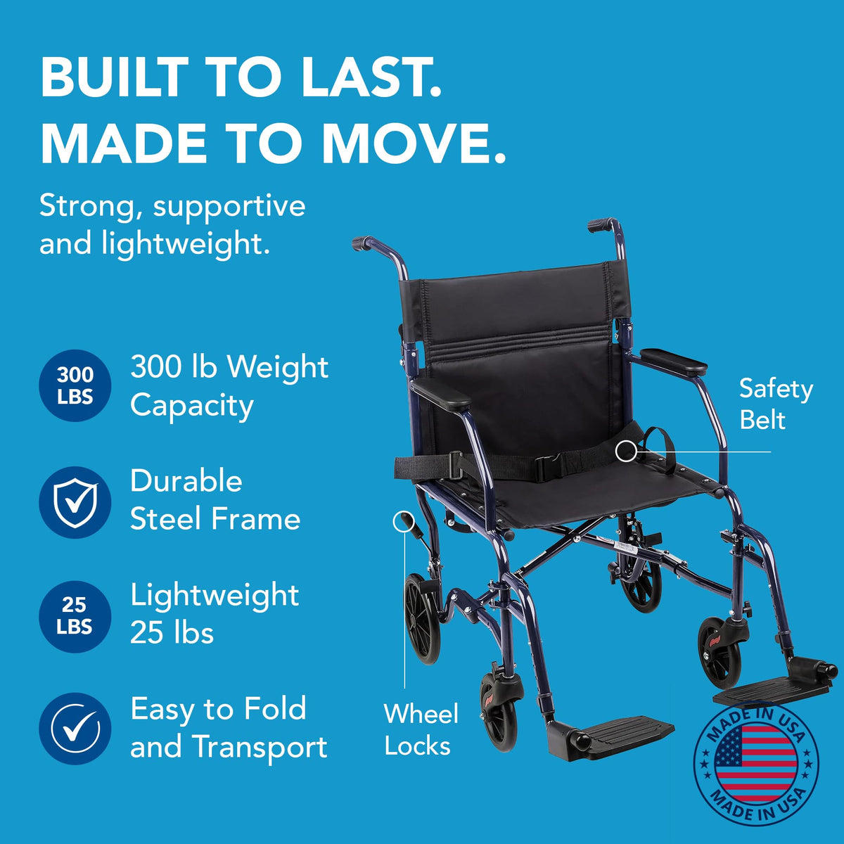 Folding Transport Wheelchair with 19 inch Seat O3567