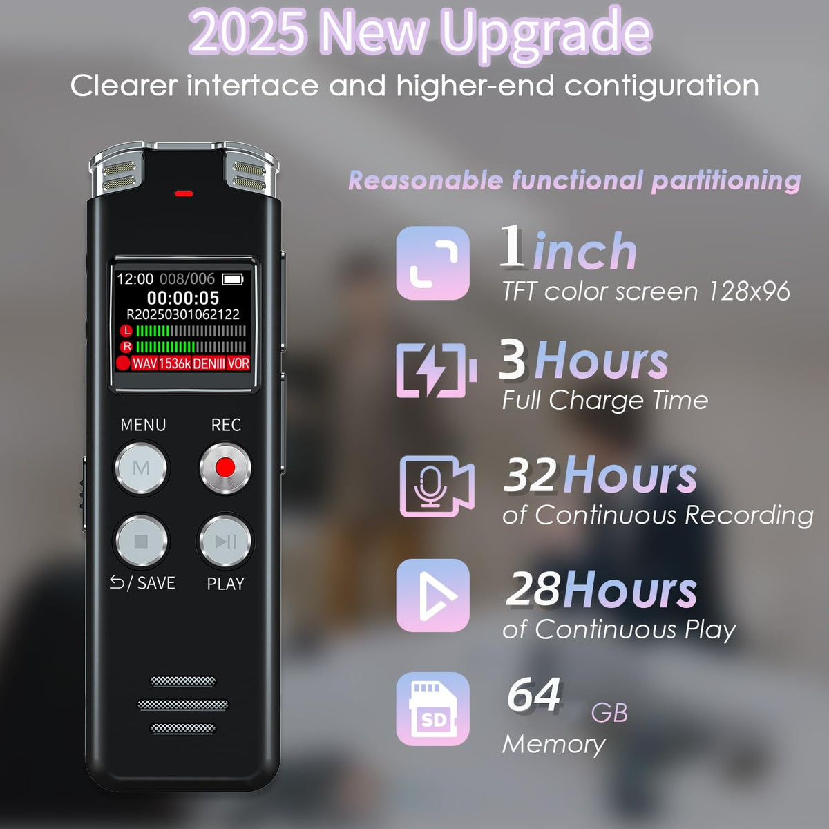 64GB Digital Voice Recorder with Playback A3808