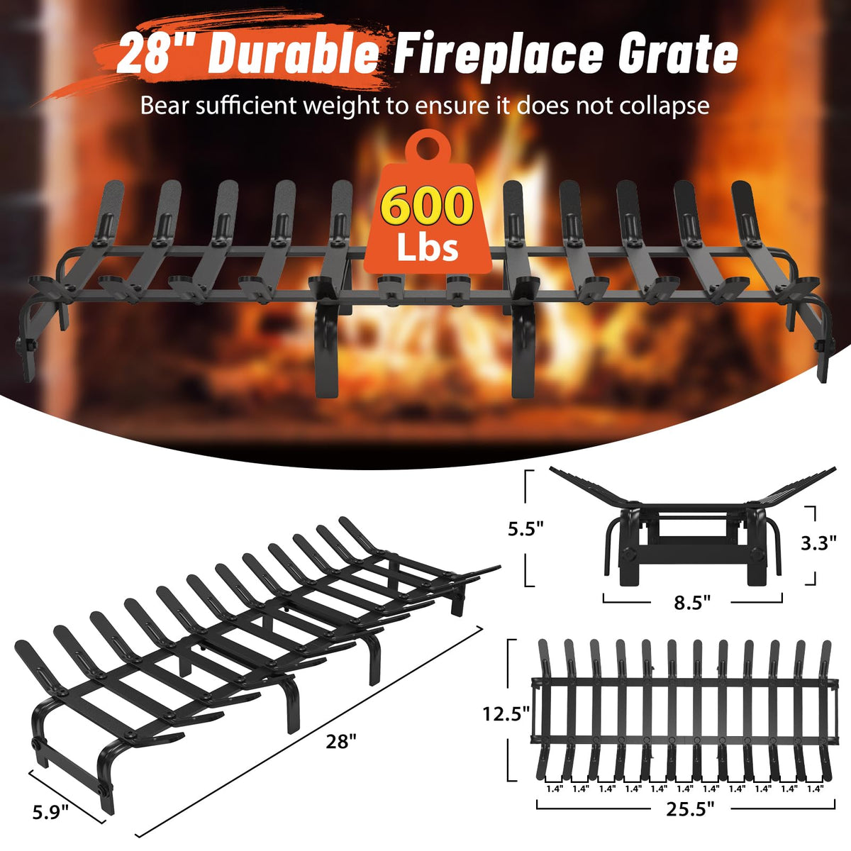 Black Steel Fireplace Grate 28 x 12.5 Inches O668258