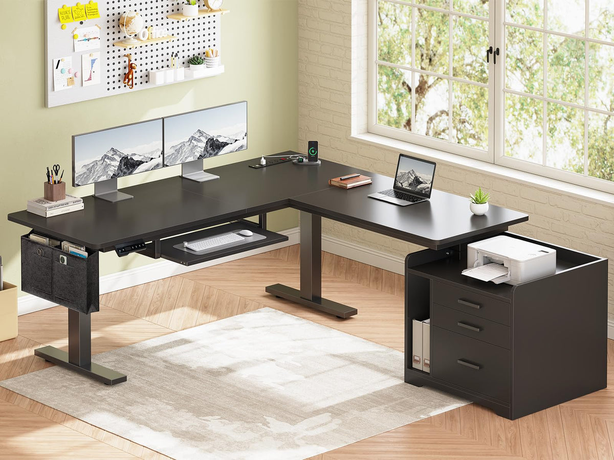 L Shaped Standing Desk with File Cabinet S9323