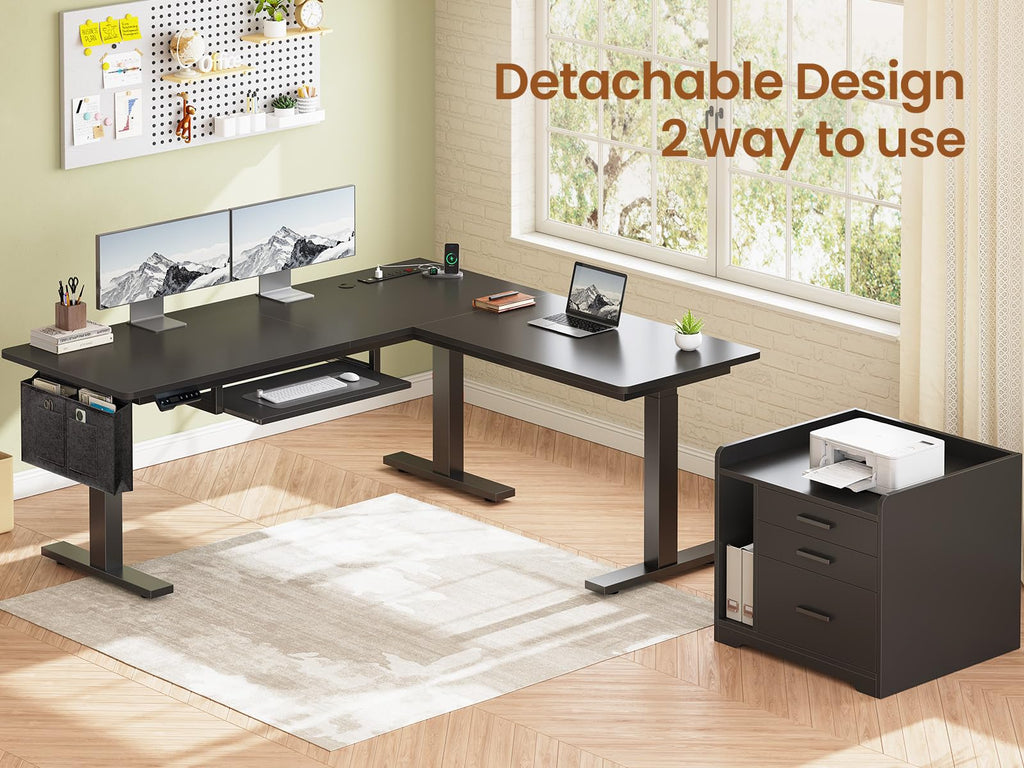 L Shaped Standing Desk with File Cabinet S9323