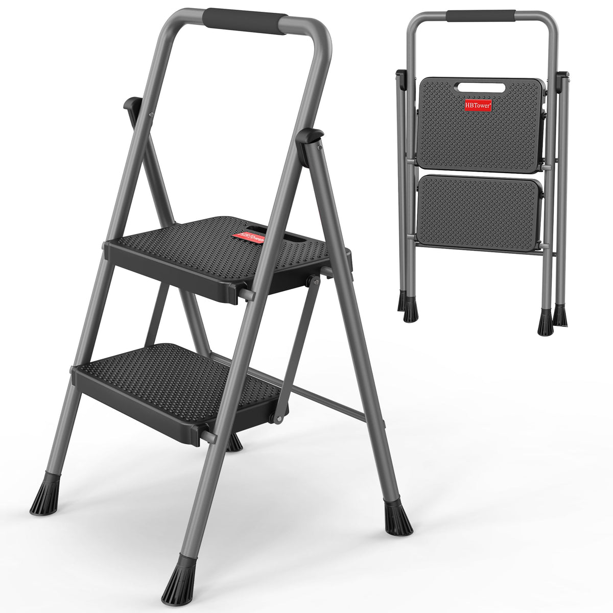 2 Step Folding Step Ladder 300 lbs Capacity with Handrail Gray I524986