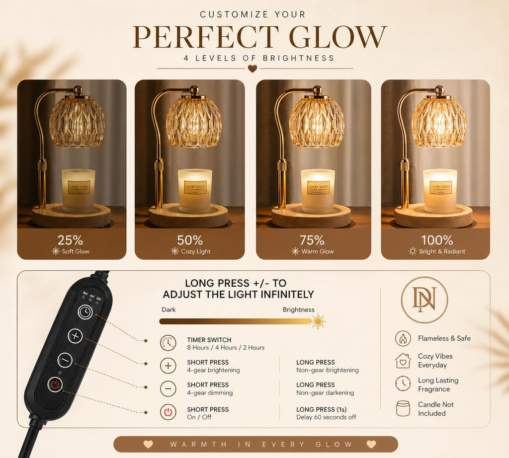 Candle Warmer Lamp with Timer & Dimmer, Adjustable Height, Crystal Glass Shade, Wooden Base, Gold S5100