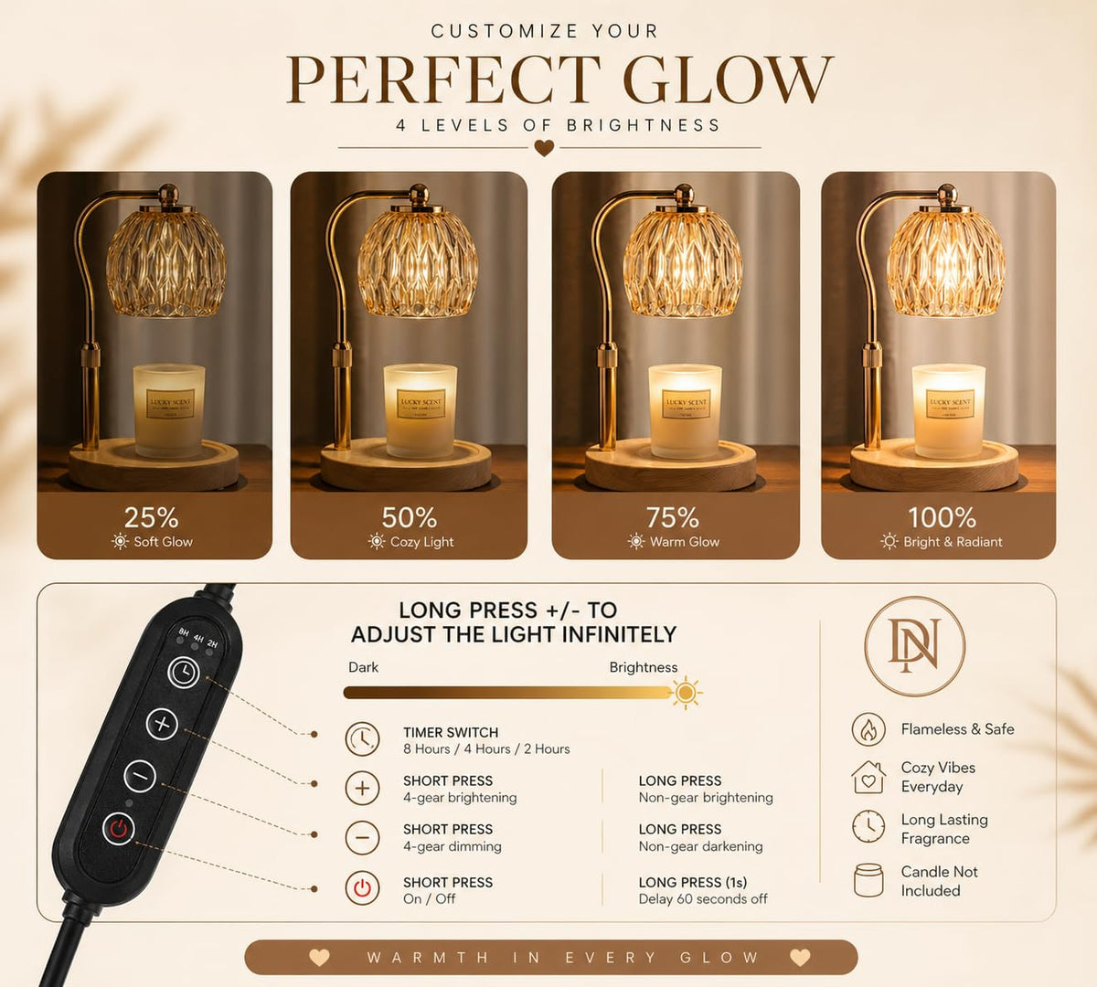 Candle Warmer Lamp with Timer & Dimmer, Adjustable Height, Crystal Glass Shade, Wooden Base, Gold S5100