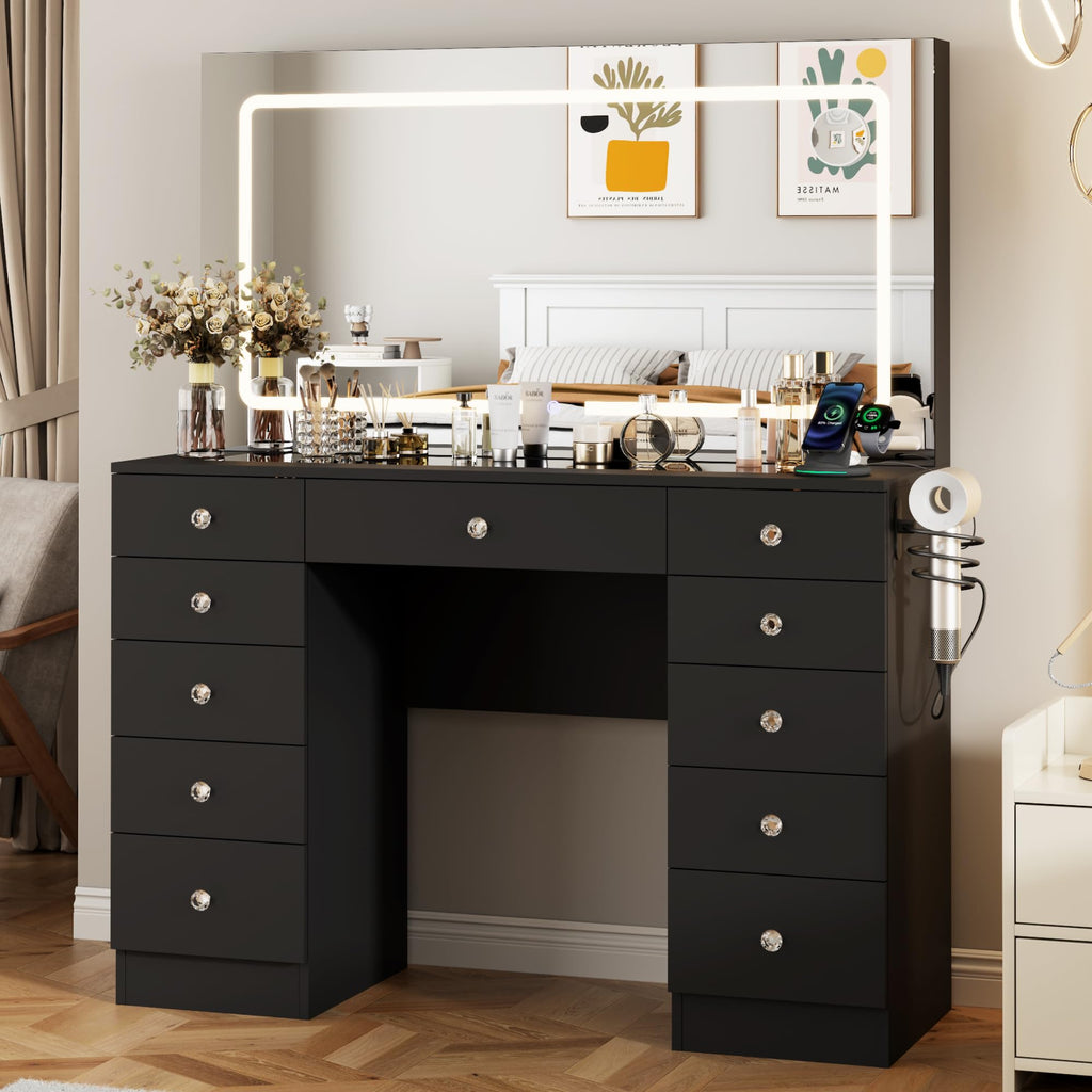 Black 11 Drawer Vanity Desk with Lighted Mirror L632645