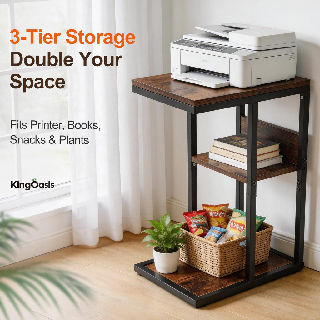 Brown 3 Tier C-Shaped Side Table with Storage Shelves and Metal Frame L87123