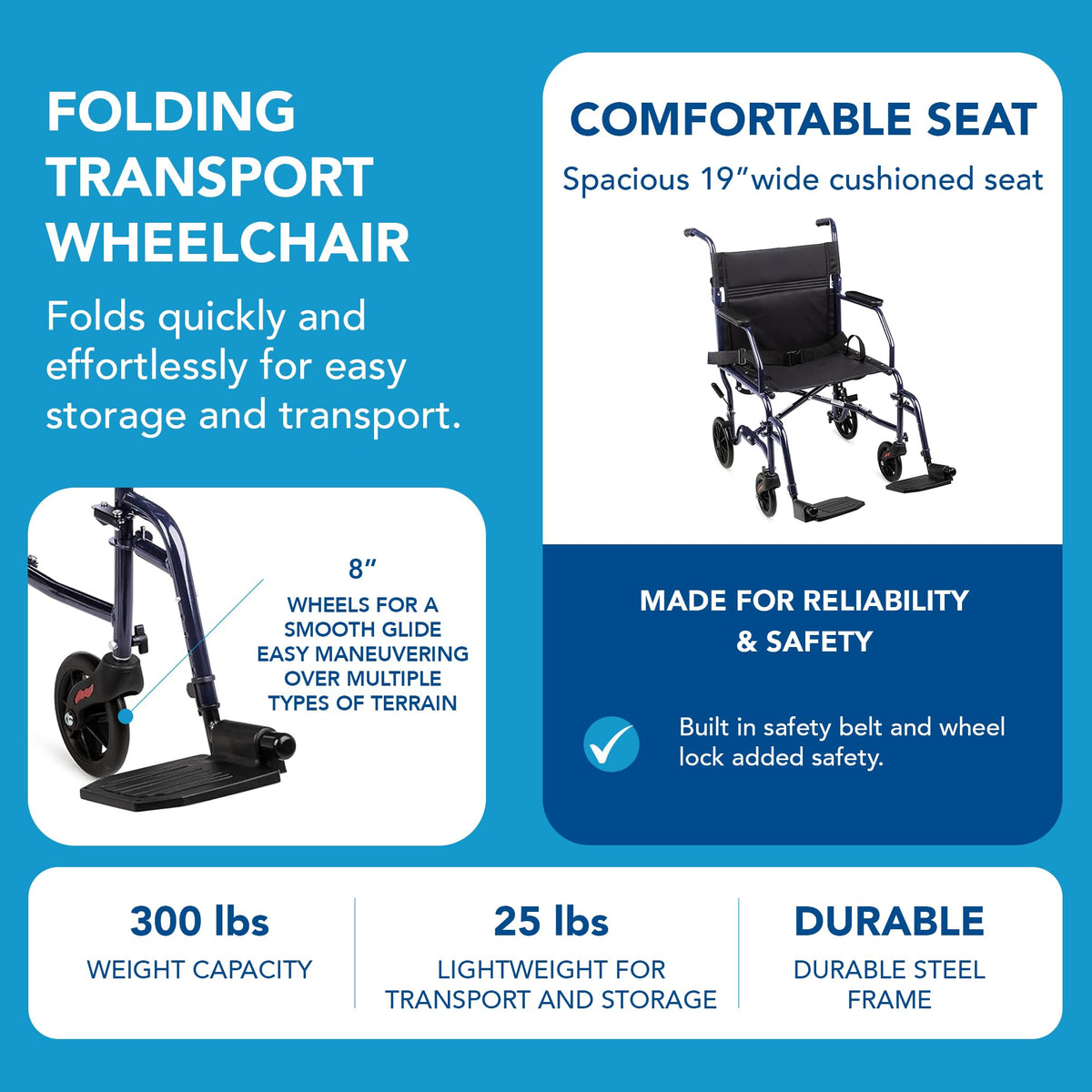 Folding Transport Wheelchair with 19 inch Seat O3567