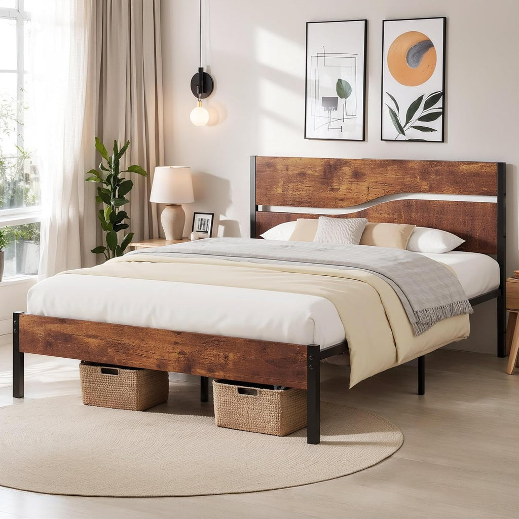 Full Size Metal Platform Bed with Wooden Headboard and Footboard J68681