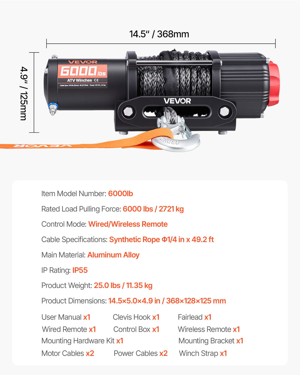 6000 lbs 12V Electric Winch with Synthetic Rope N3737