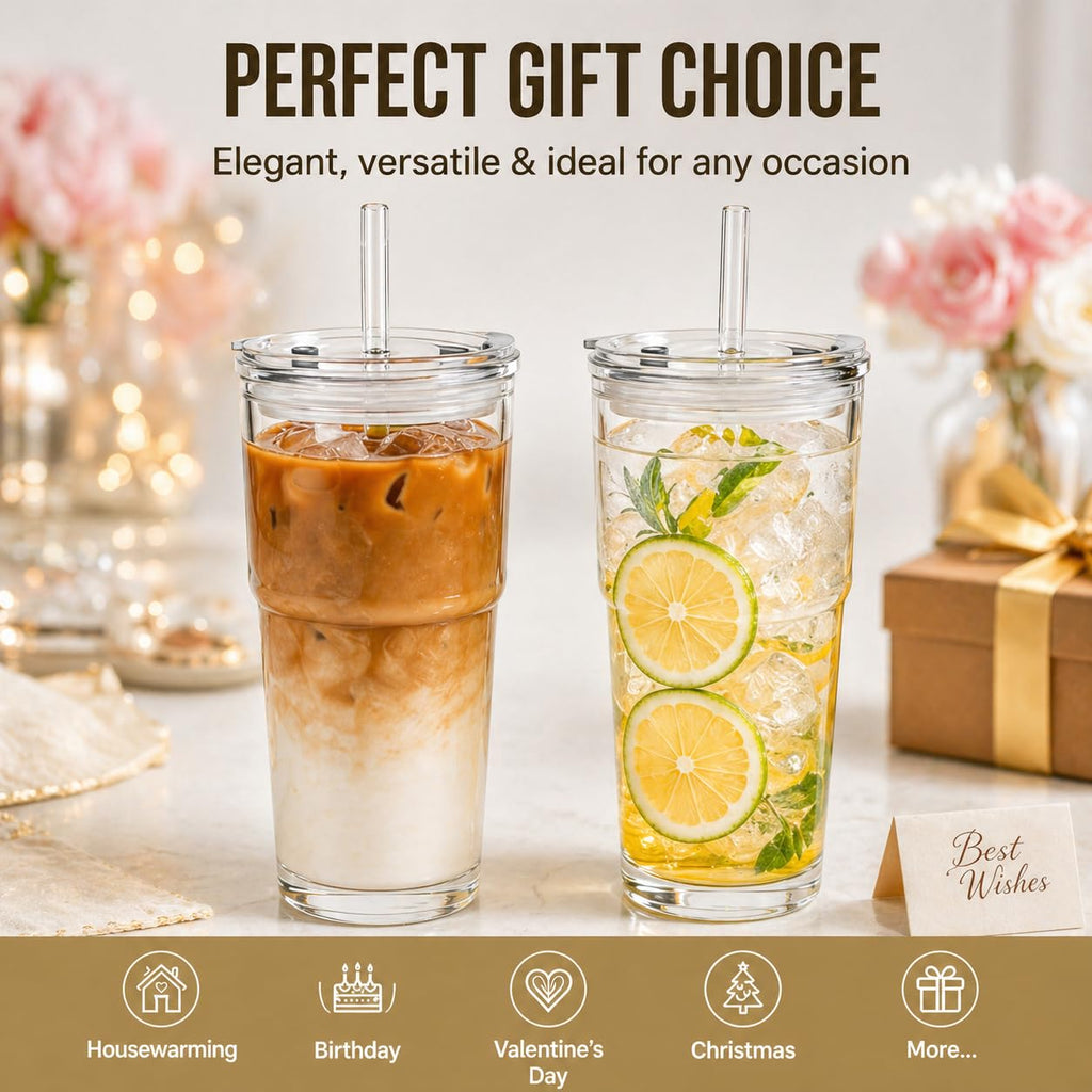 20oz Clear Glass Tumbler with Lid and Straws, Set of 2 U217