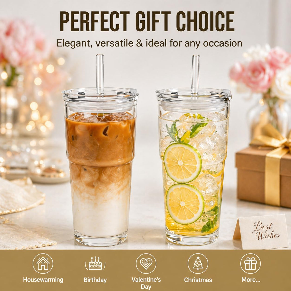 20oz Clear Glass Tumbler with Lid and Straws, Set of 2 U217