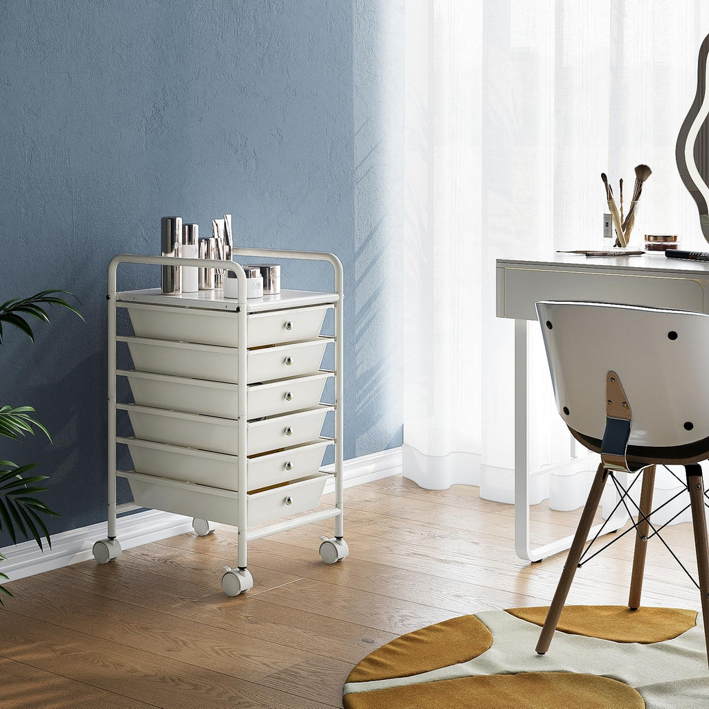 White 6-Tier Rolling Storage Cart with Drawers V76684