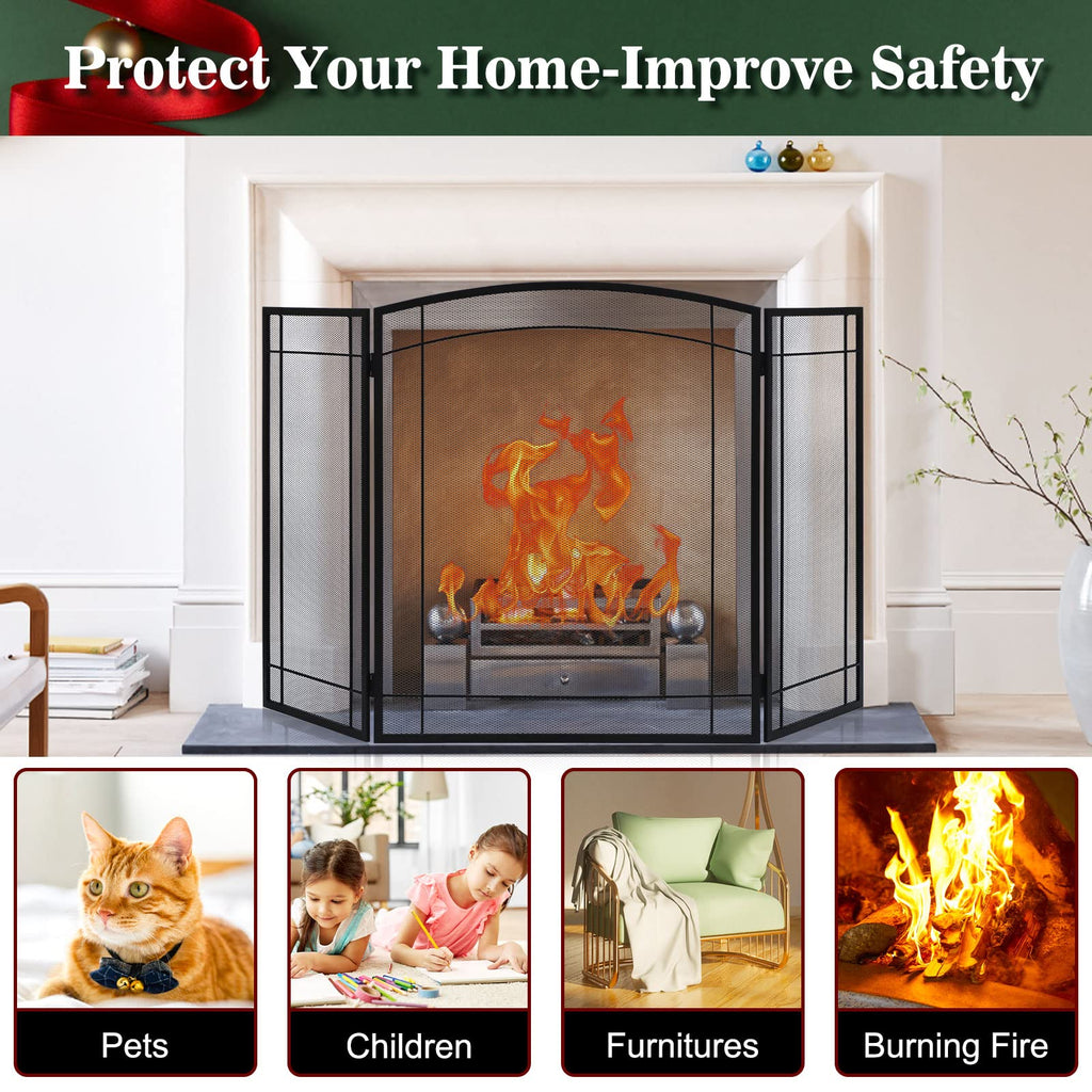 3 Panel 48" W x 29" H Foldable Wrought Metal Decorative Mesh Fireplace Screen R694