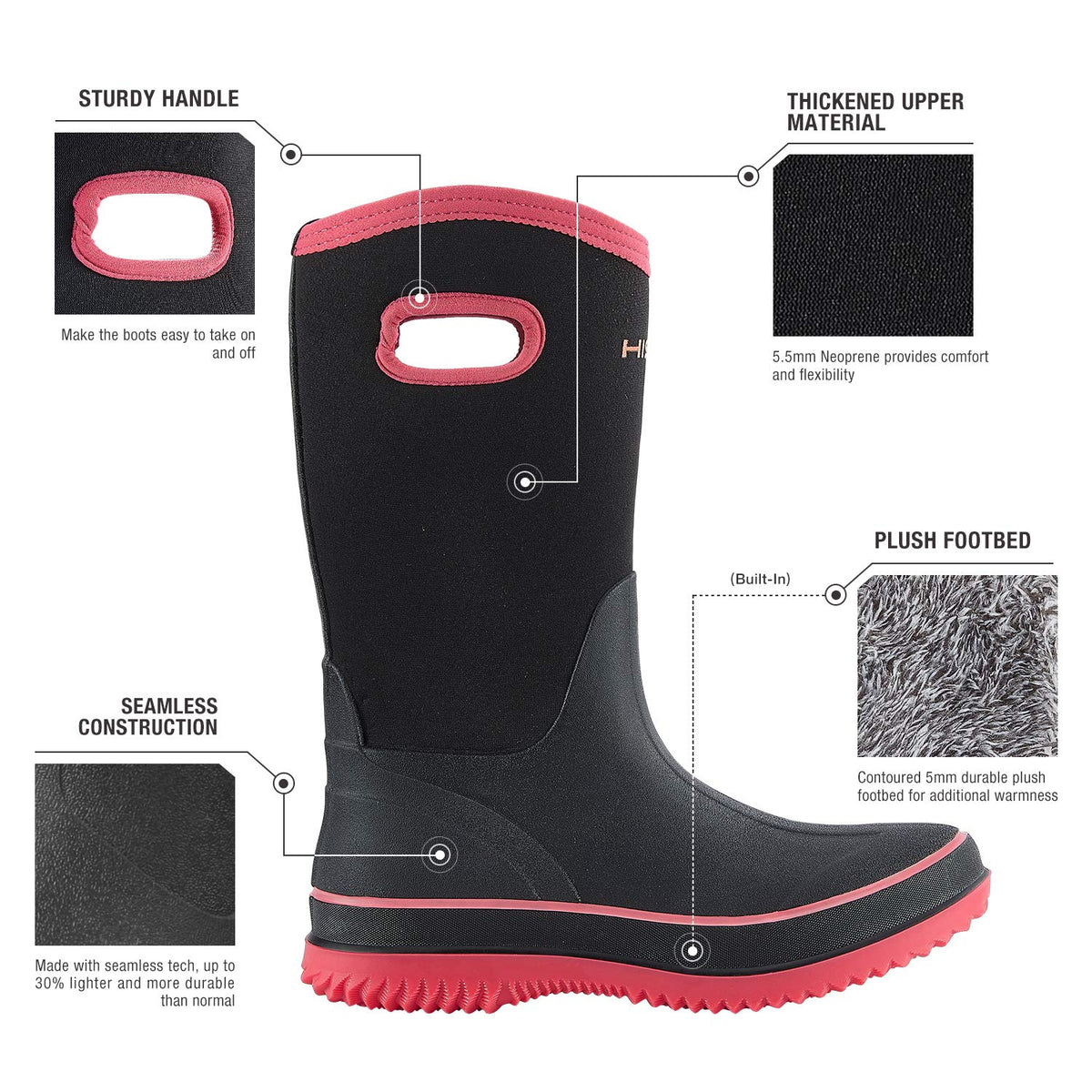 Women Waterproof Mid Calf Neoprene Rubber Rain Boots P7296