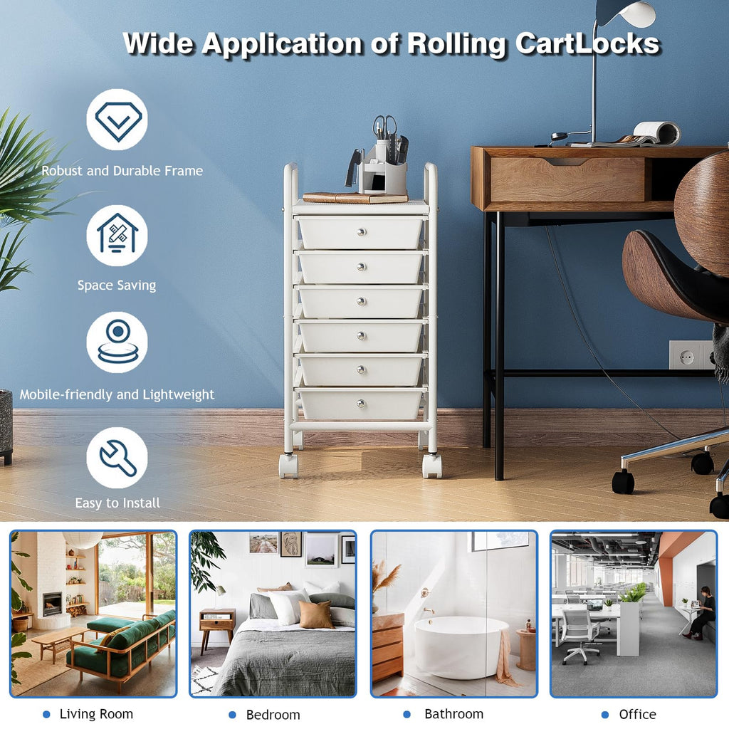 White 6-Tier Rolling Storage Cart with Drawers V76684