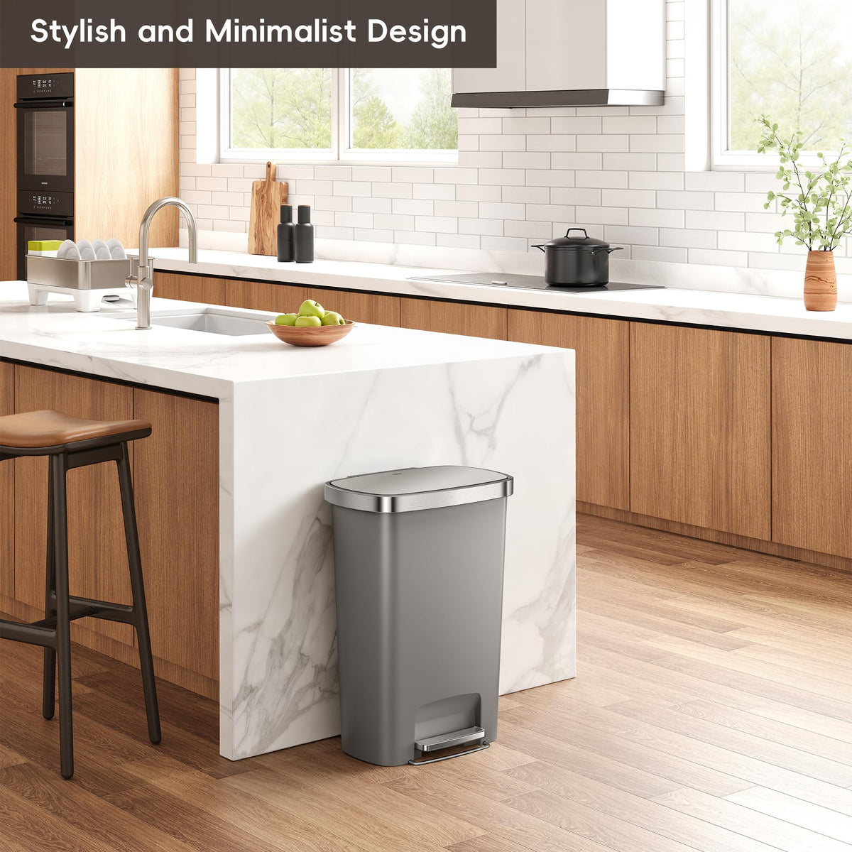 13.2 Gallon / 50L Grey Plastic Step Trash Can with Stainless Steel Lid J250029