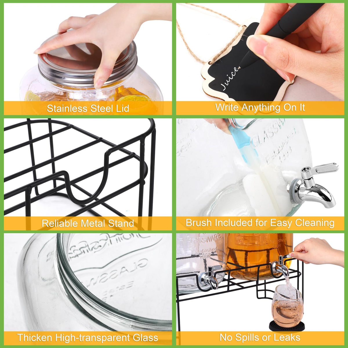 2 Pcs 2 Gallon Glass Beverage Dispenser with Stand C827