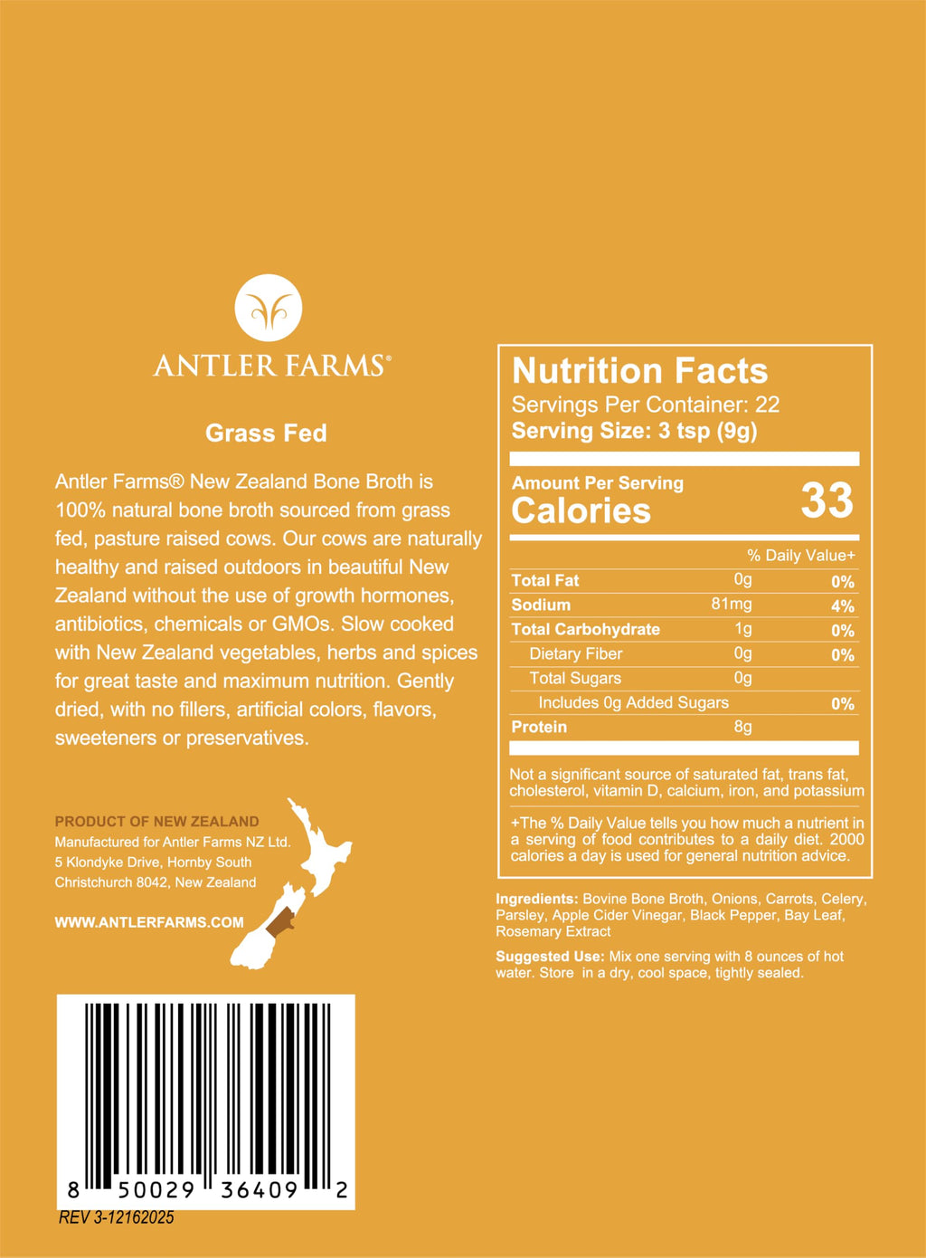 100% Grass Fed New Zealand Bone Broth Powder, 40 Servings, 200g W6904