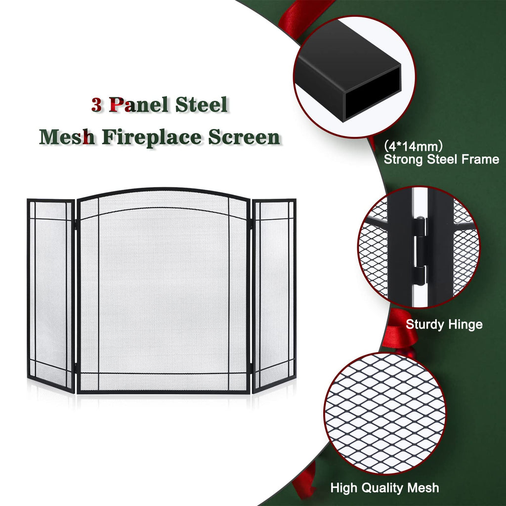 3 Panel 48" W x 29" H Foldable Wrought Metal Decorative Mesh Fireplace Screen R694