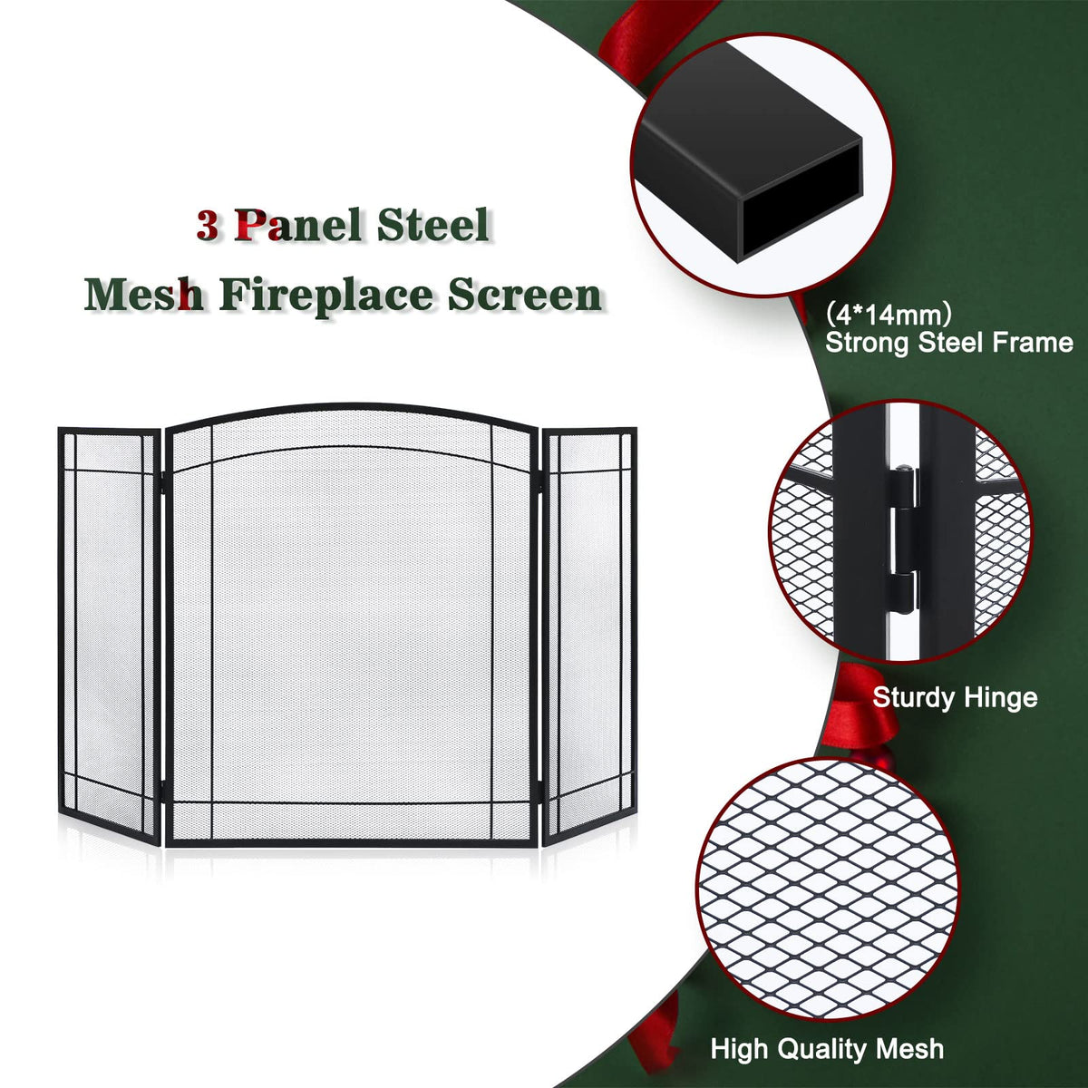 3 Panel 48" W x 29" H Foldable Wrought Metal Decorative Mesh Fireplace Screen R694