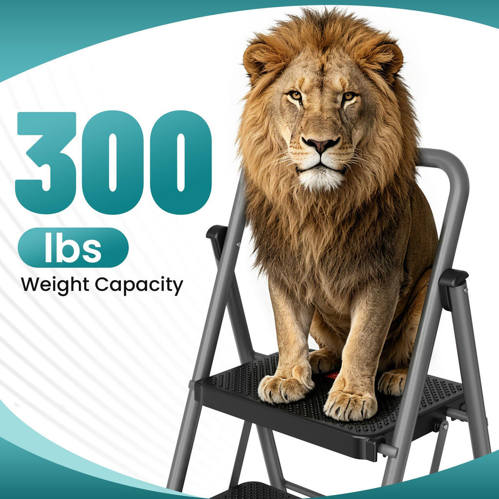 2 Step Folding Step Ladder 300 lbs Capacity with Handrail Gray I524986