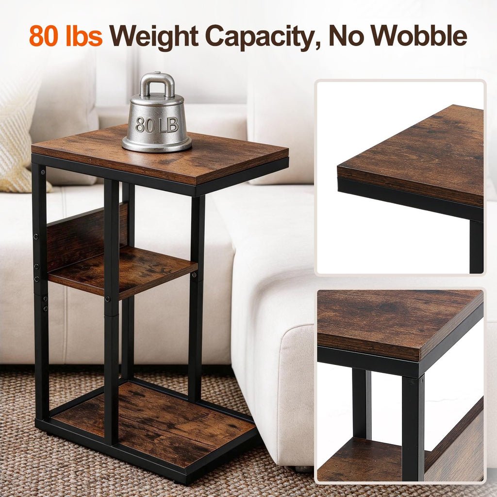 Brown 3 Tier C-Shaped Side Table with Storage Shelves and Metal Frame L87123