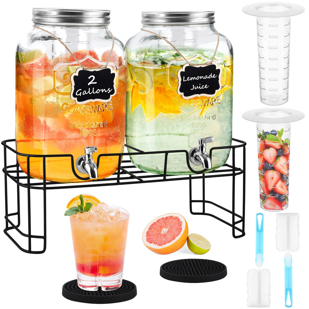 2 Pcs 2 Gallon Glass Beverage Dispenser with Stand C827