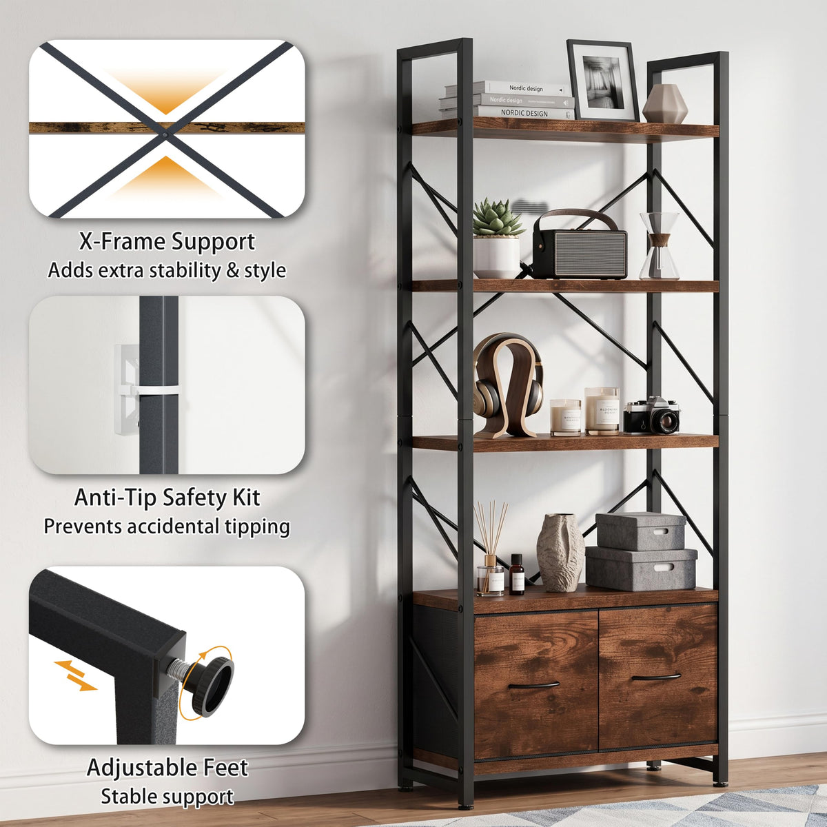 5 Tier Wood Bookshelf with Drawer E7063