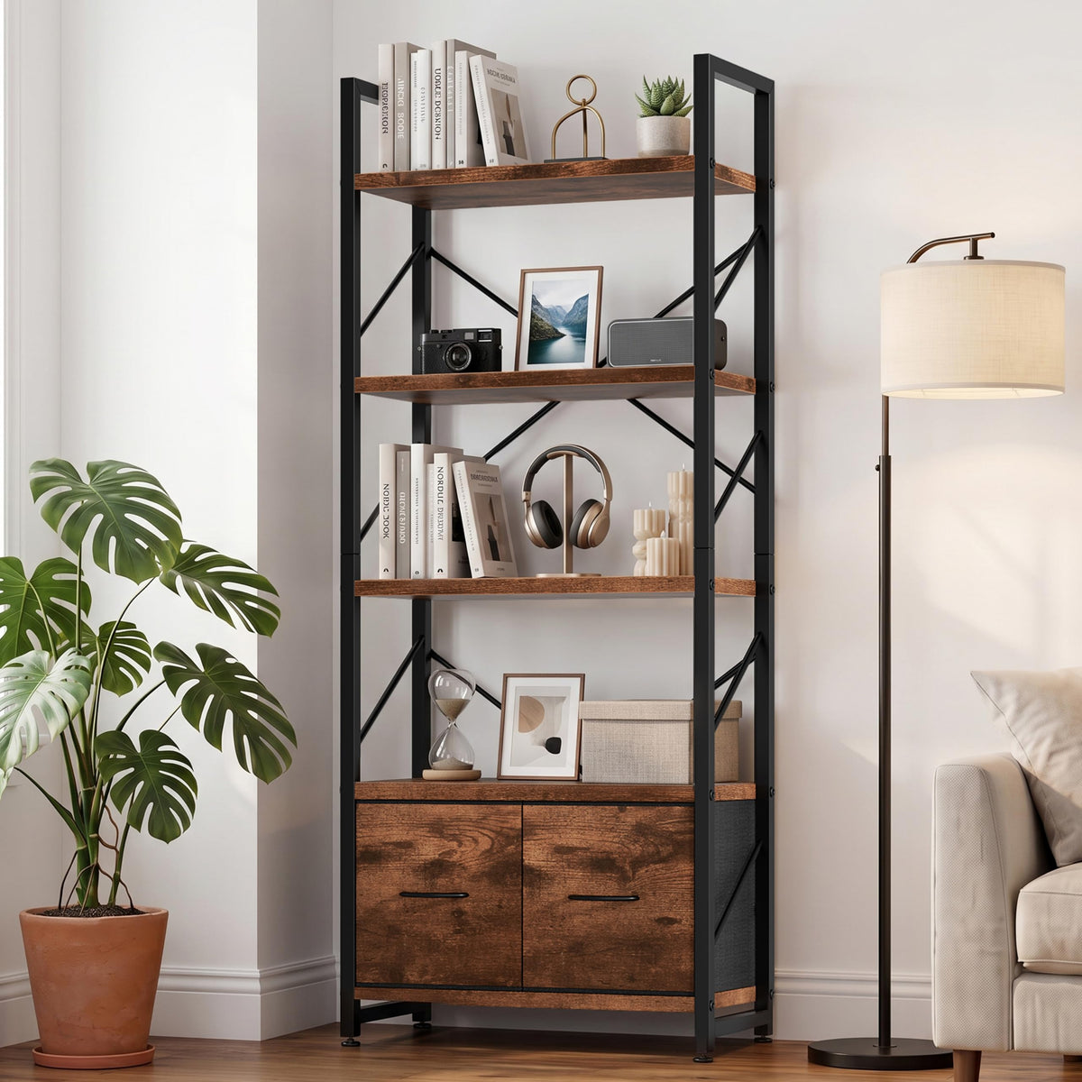 5 Tier Wood Bookshelf with Drawer E7063
