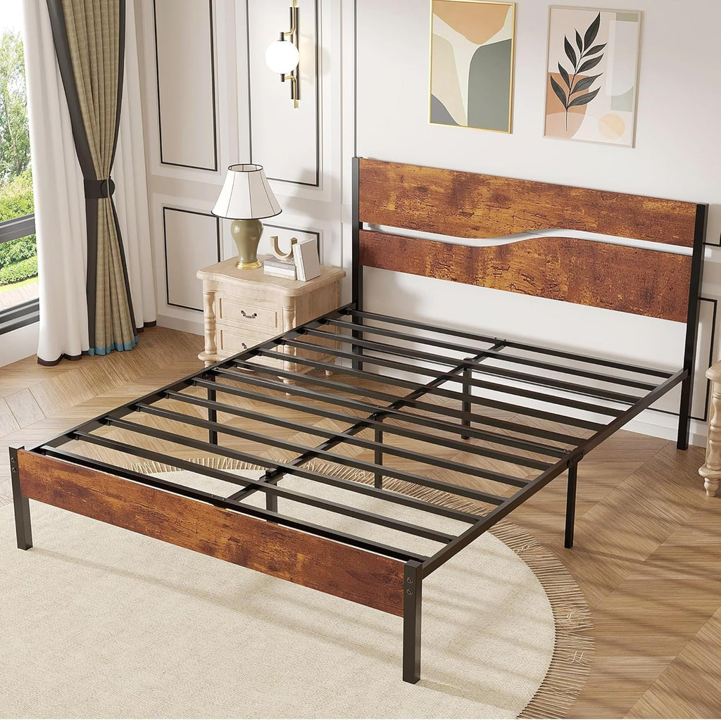 Full Size Metal Platform Bed with Wooden Headboard and Footboard J68681