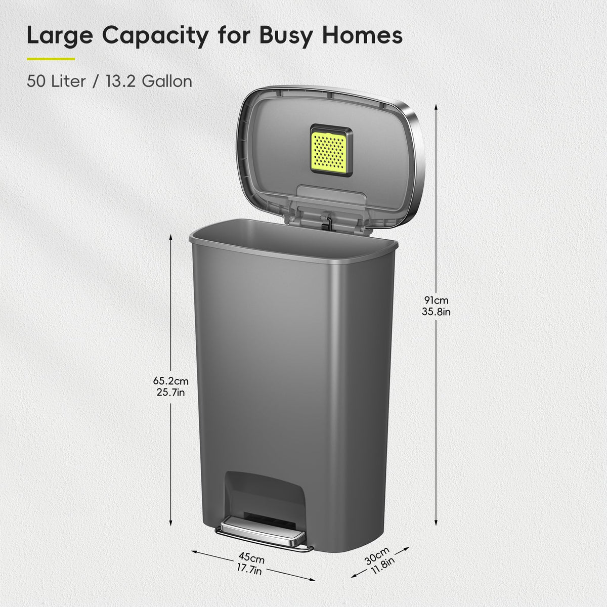 13.2 Gallon / 50L Grey Plastic Step Trash Can with Stainless Steel Lid J250029