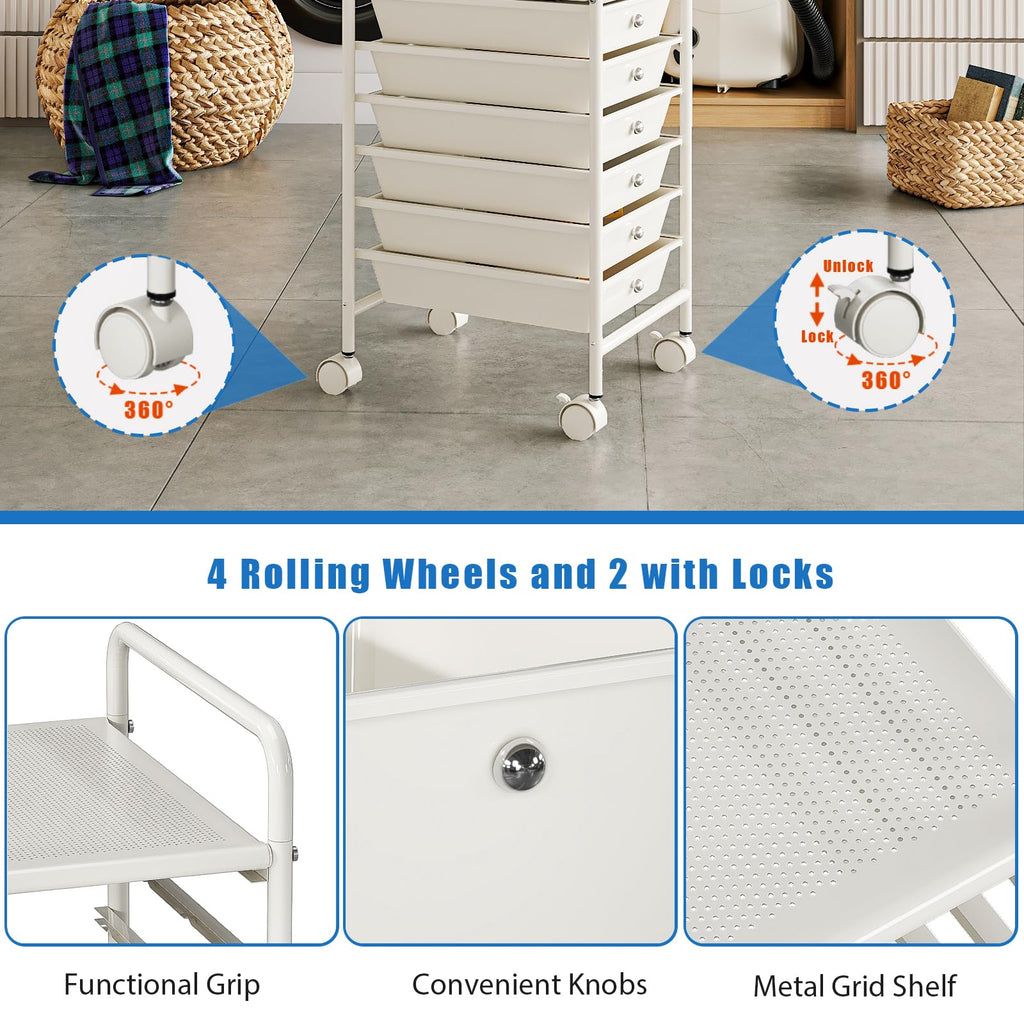 White 6-Tier Rolling Storage Cart with Drawers V76684