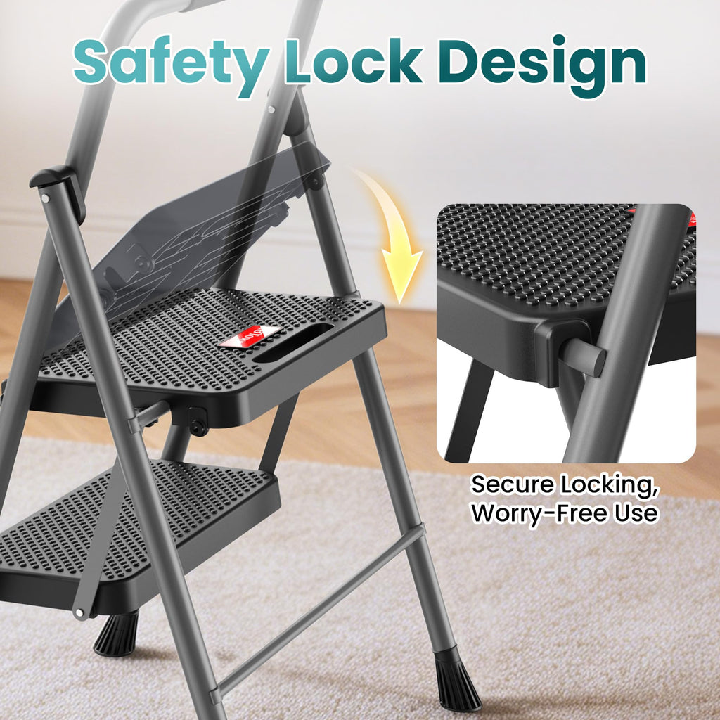 2 Step Folding Step Ladder 300 lbs Capacity with Handrail Gray I524986