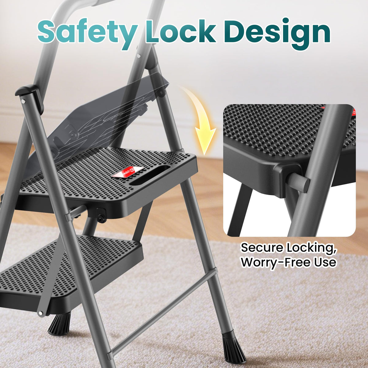 2 Step Folding Step Ladder 300 lbs Capacity with Handrail Gray I524986