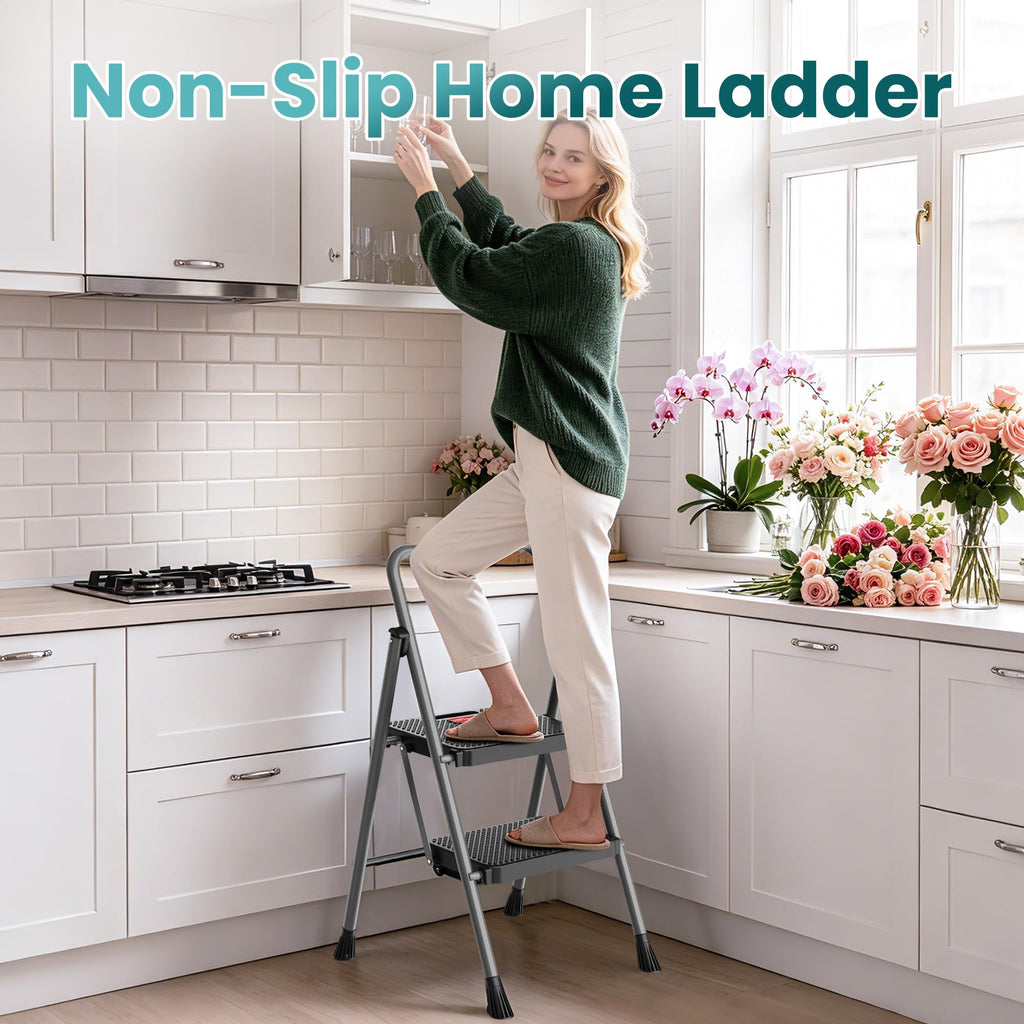 2 Step Folding Step Ladder 300 lbs Capacity with Handrail Gray I524986