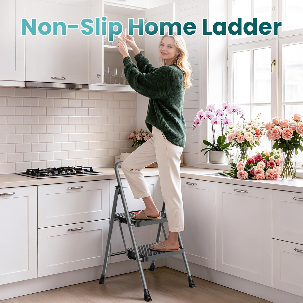 2 Step Folding Step Ladder 300 lbs Capacity with Handrail Gray I524986
