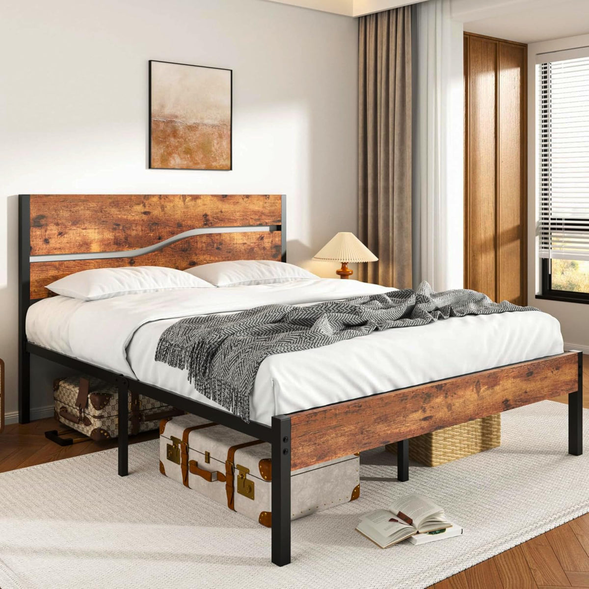 Full Size Metal Platform Bed with Wooden Headboard and Footboard J68681