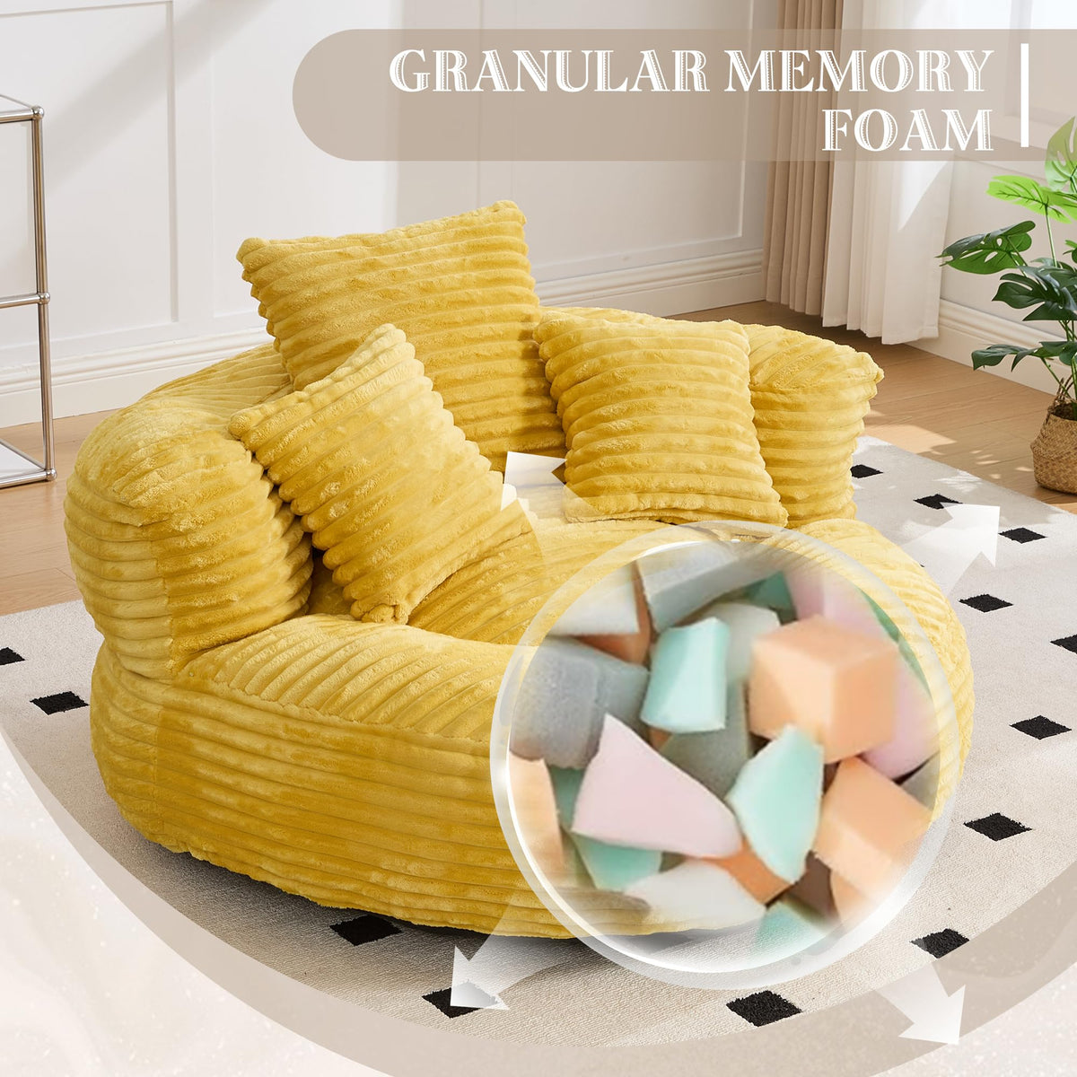 Yellow Corduroy Bean Bag Sofa with 3 Pillows A62265