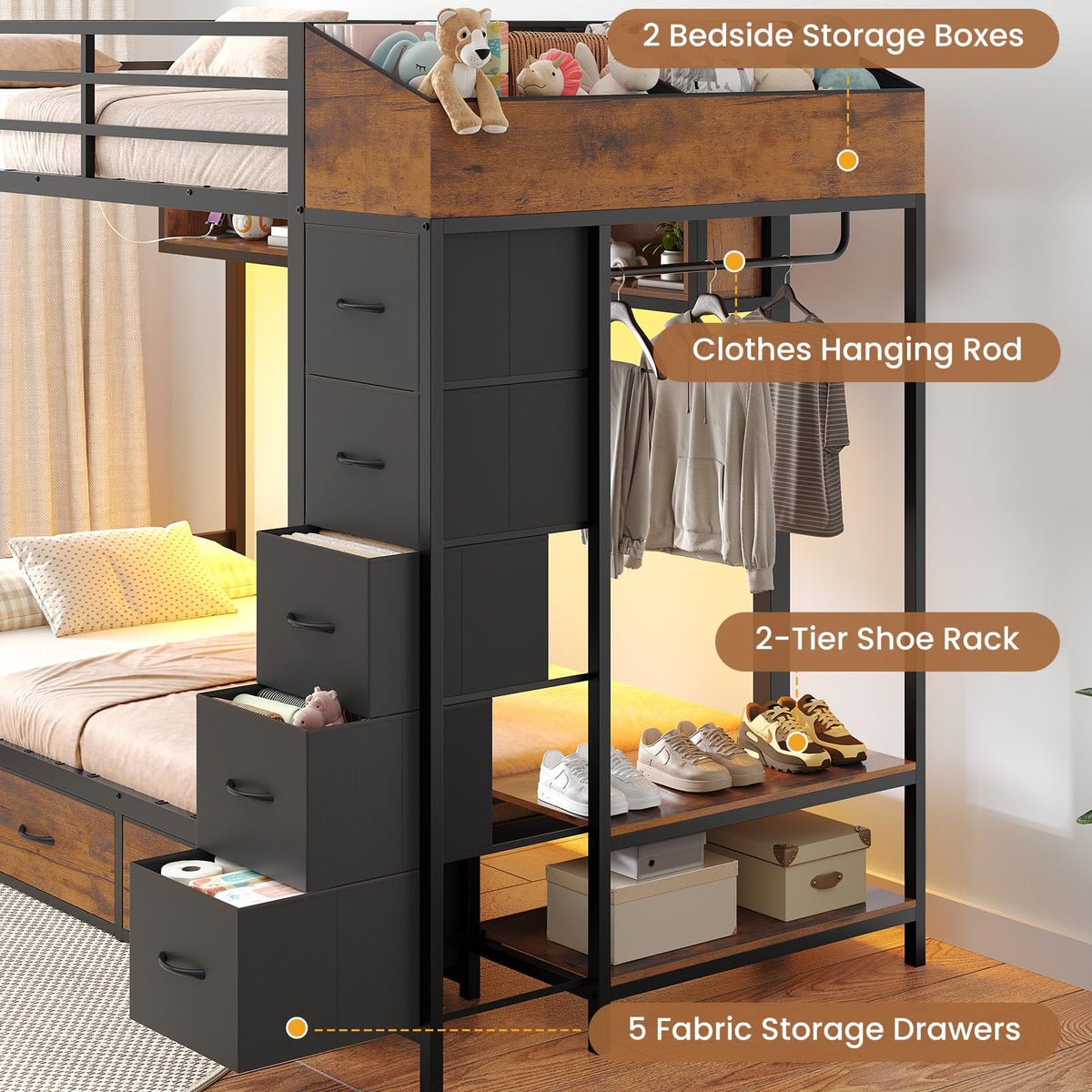 Twin Over Twin Bunk Bed with 8 Storage Drawers and Power Outlets, LED Metal Bunk Bed with Ladder, Black H707