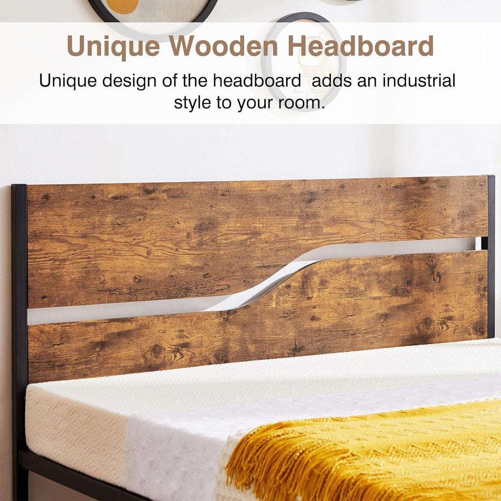 Full Size Metal Platform Bed with Wooden Headboard and Footboard J68681