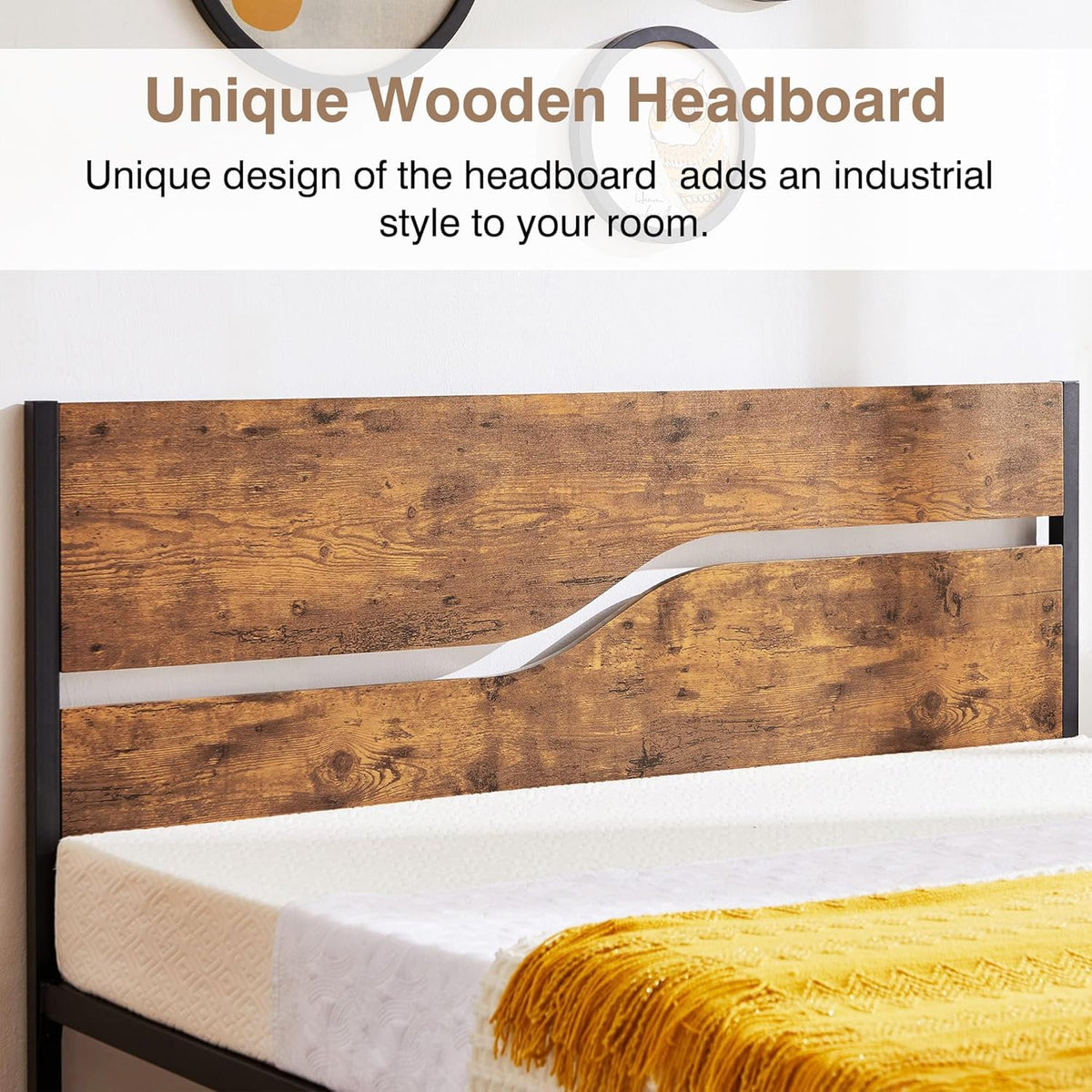 Full Size Metal Platform Bed with Wooden Headboard and Footboard J68681
