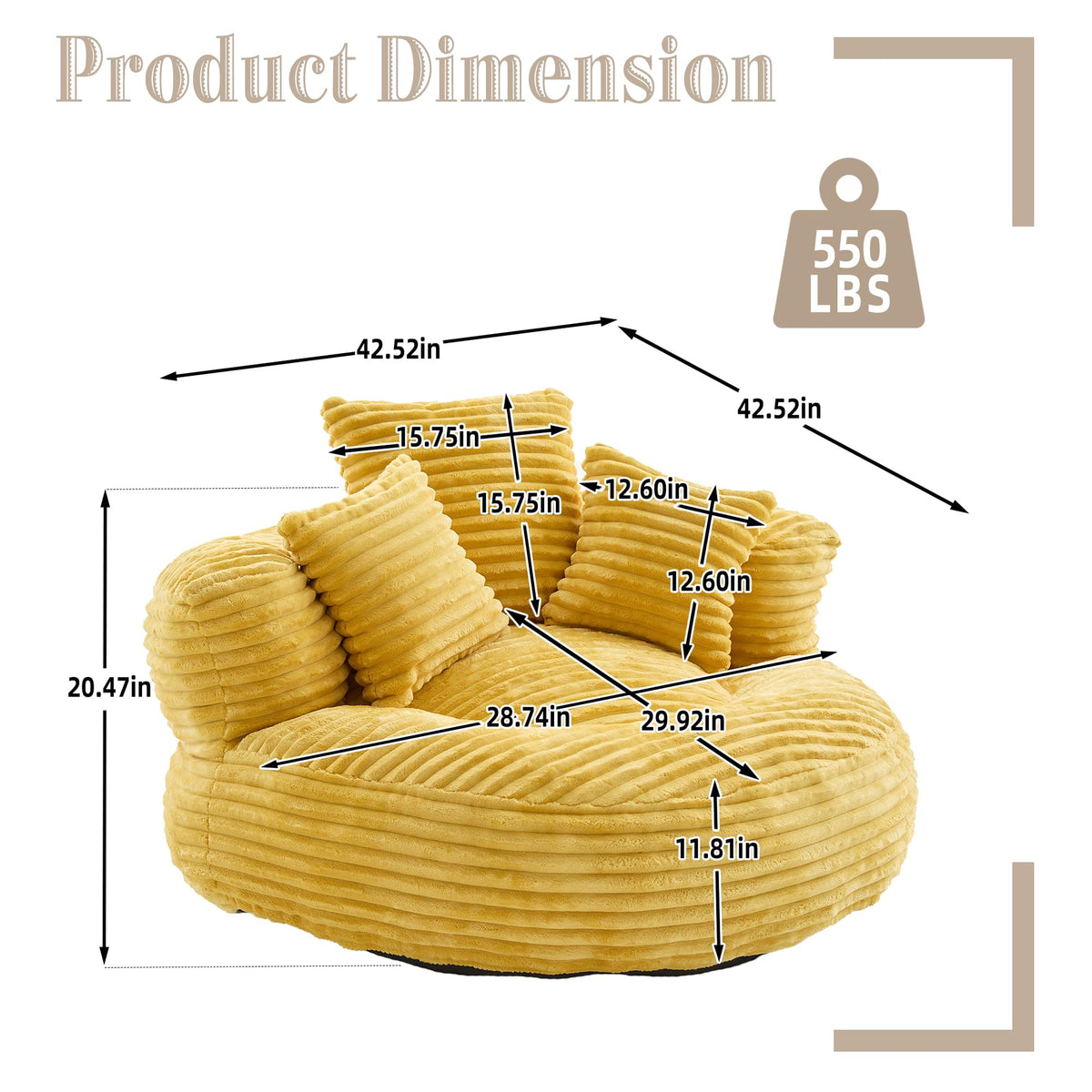 Yellow Corduroy Bean Bag Sofa with 3 Pillows A62265