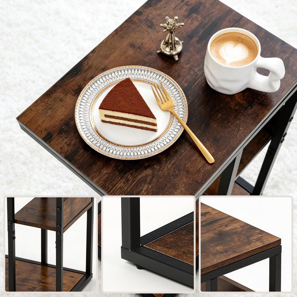 Brown 3 Tier C-Shaped Side Table with Storage Shelves and Metal Frame L87123
