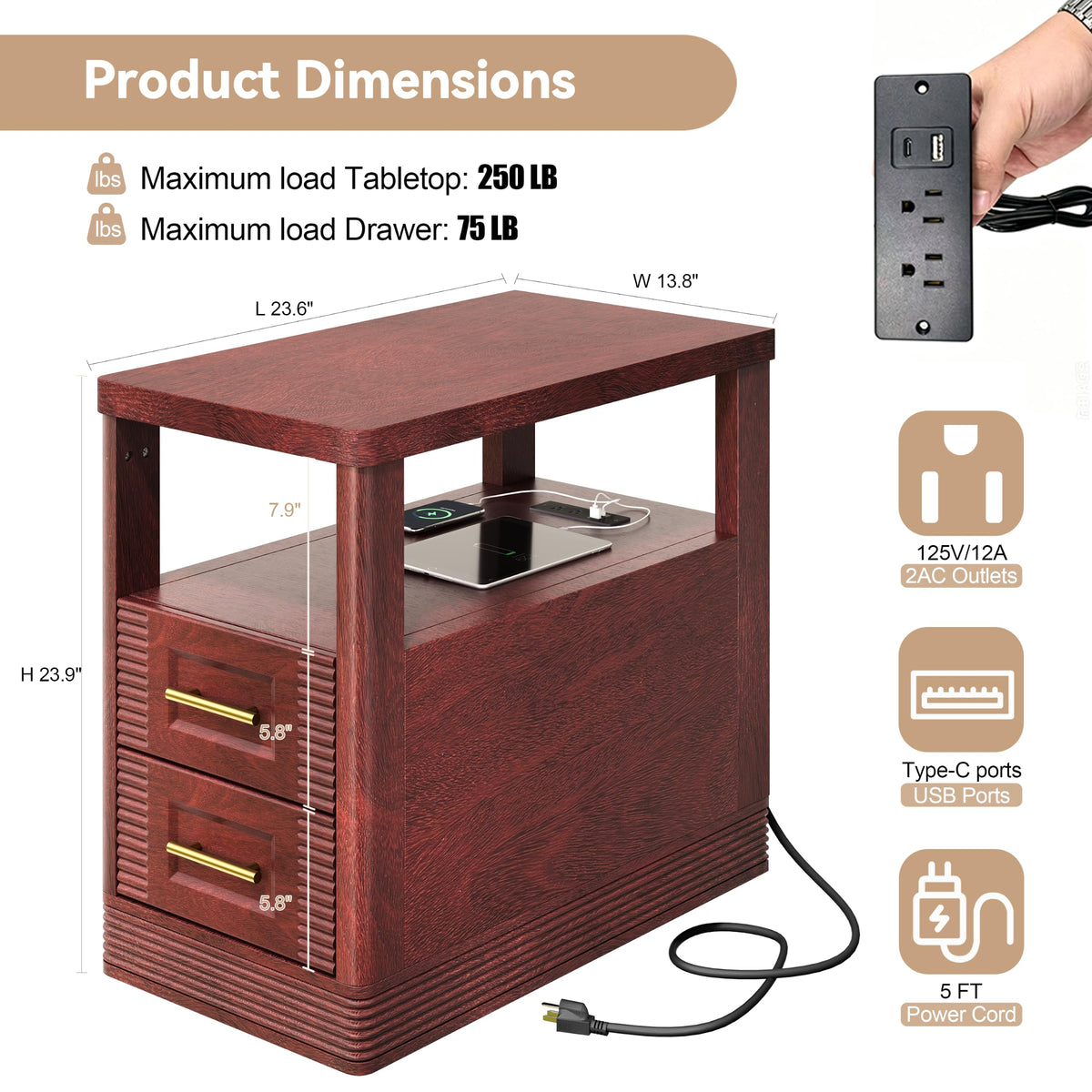 Farmhouse End Table with Charging Station, 2 Storage Drawers V21298