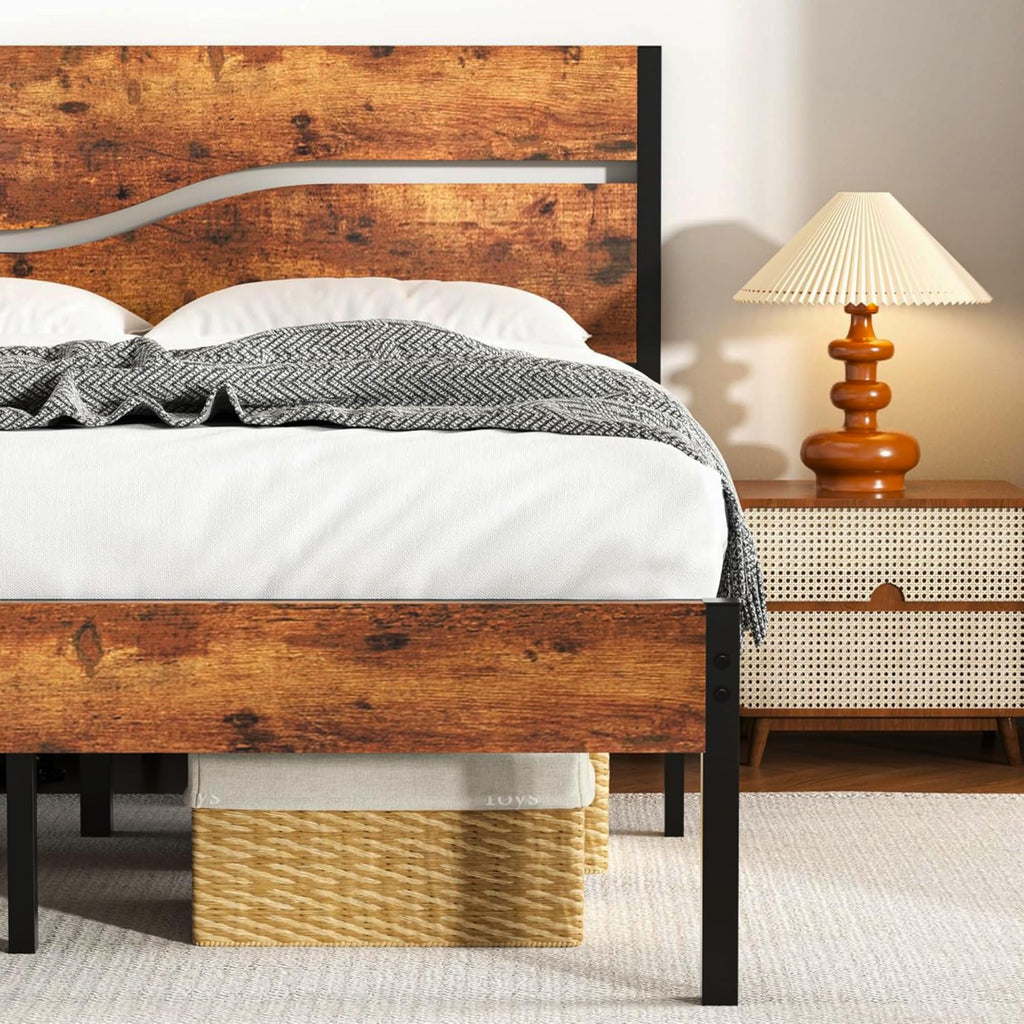 Full Size Metal Platform Bed with Wooden Headboard and Footboard J68681