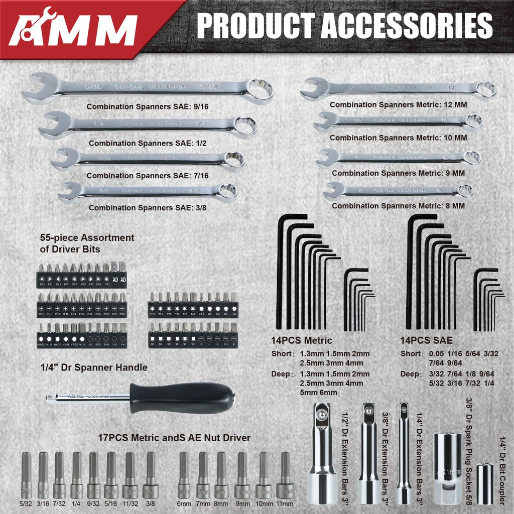 1/4 in, 3/8 in and 1/2 in Drive 202 Piece Mechanics Tool Set J399003