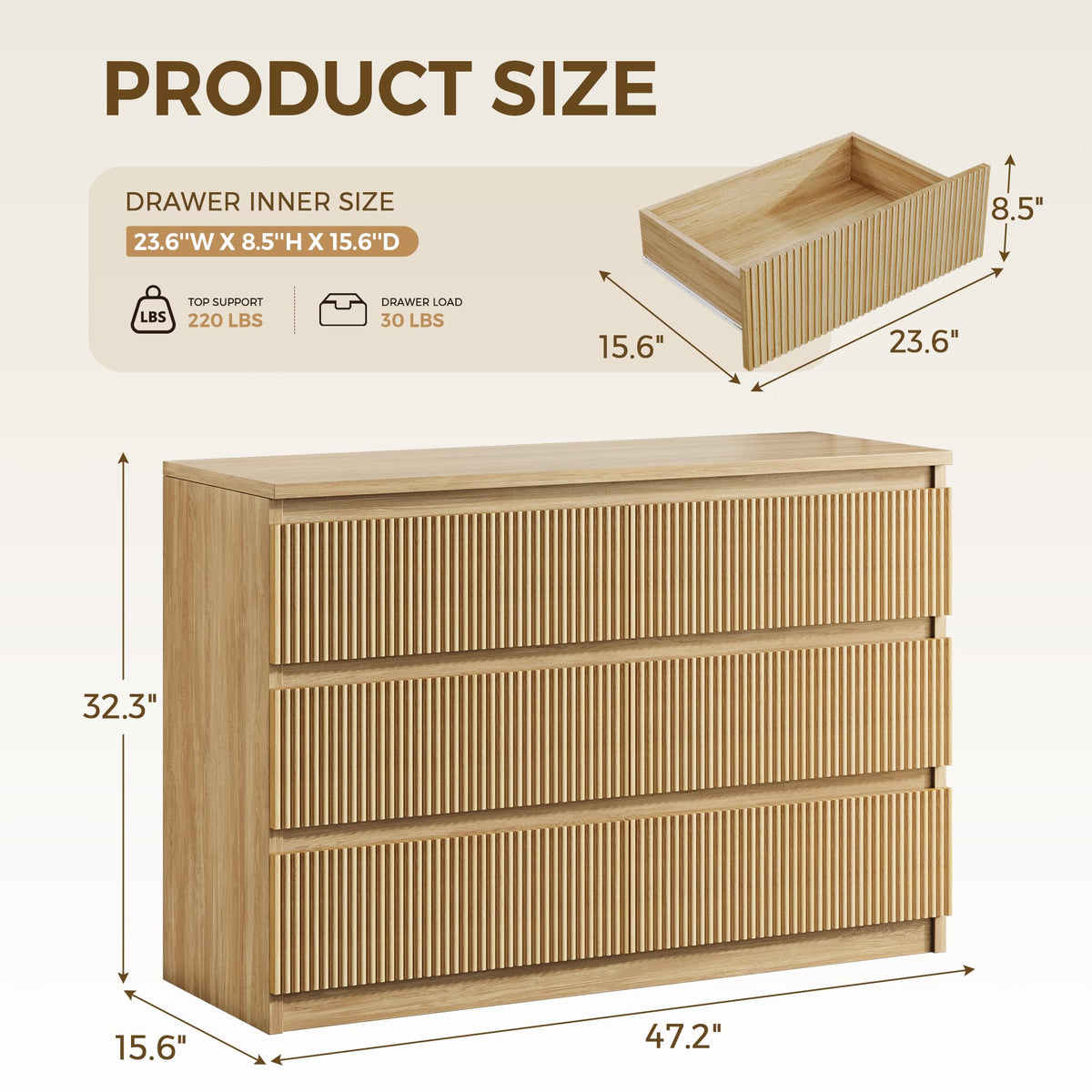 6 Drawer Fluted Wood Dresser L34851