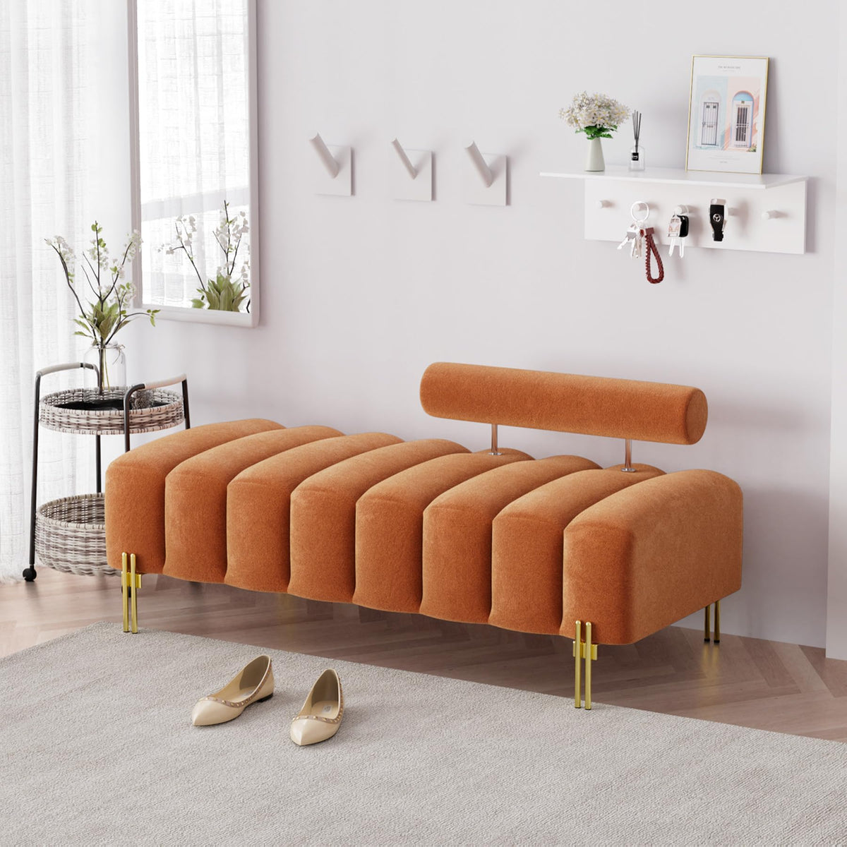 Orange Velvet Ottoman Bench S49365