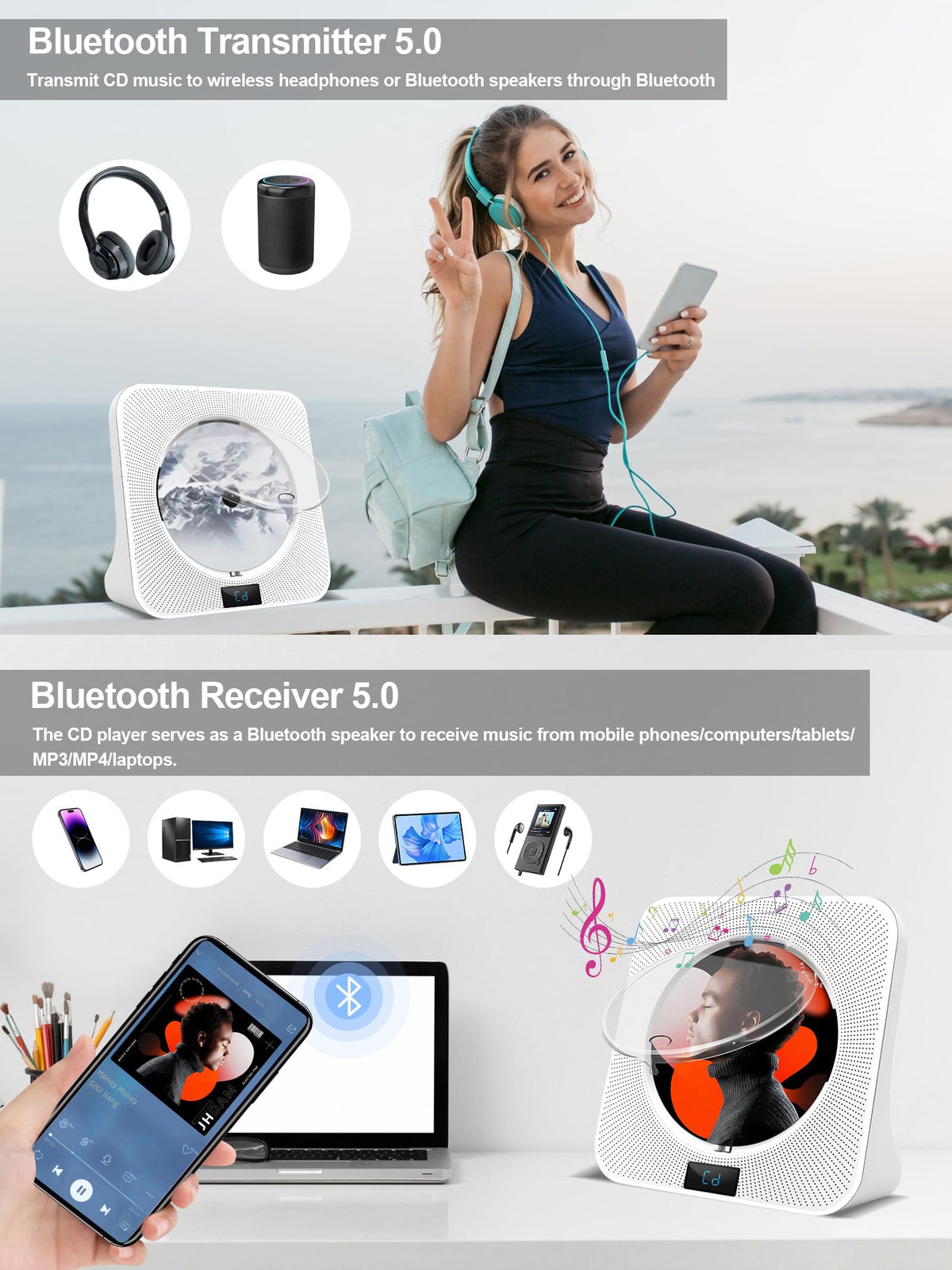 White Portable CD Player with Bluetooth K62378